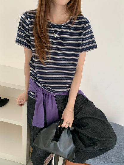 ネイビーボーダー半袖Tシャツ｜ダブルガーゼ・レイヤードスタイル