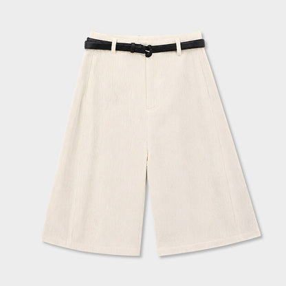 コーデュロイハイウエストパンツ｜プリーツ・ベルト付き7分丈