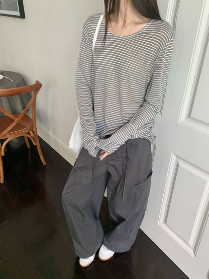 リネン混ボーダー長袖Tシャツ｜ルーズフィット・UVカット