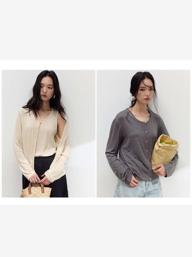 すっきり羽織れる。アセテート×リネンの薄手カーディガン。