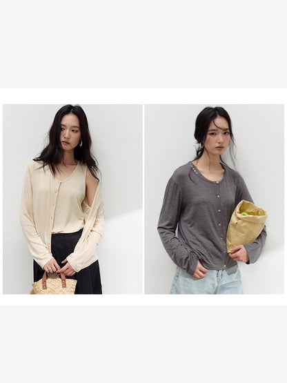 すっきり羽織れる。アセテート×リネンの薄手カーディガン。