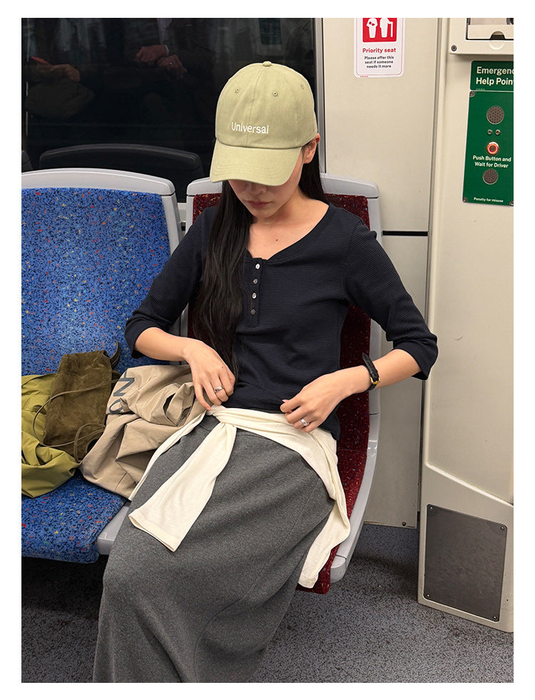 コットン100% ヘンリーネック｜フレンチスリーブ・ウエストシェイプ