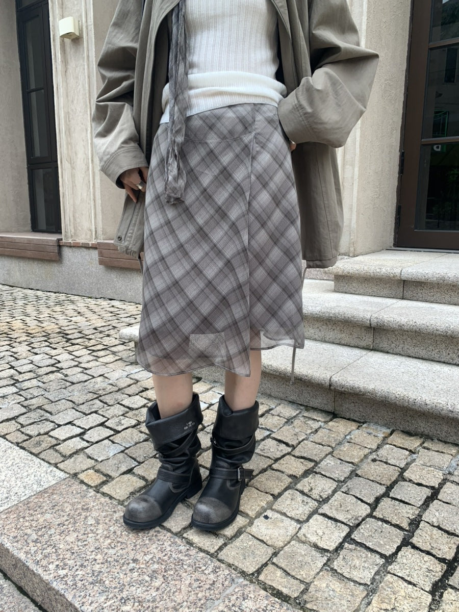 チェック柄シフォンスカート グレー | IROHI