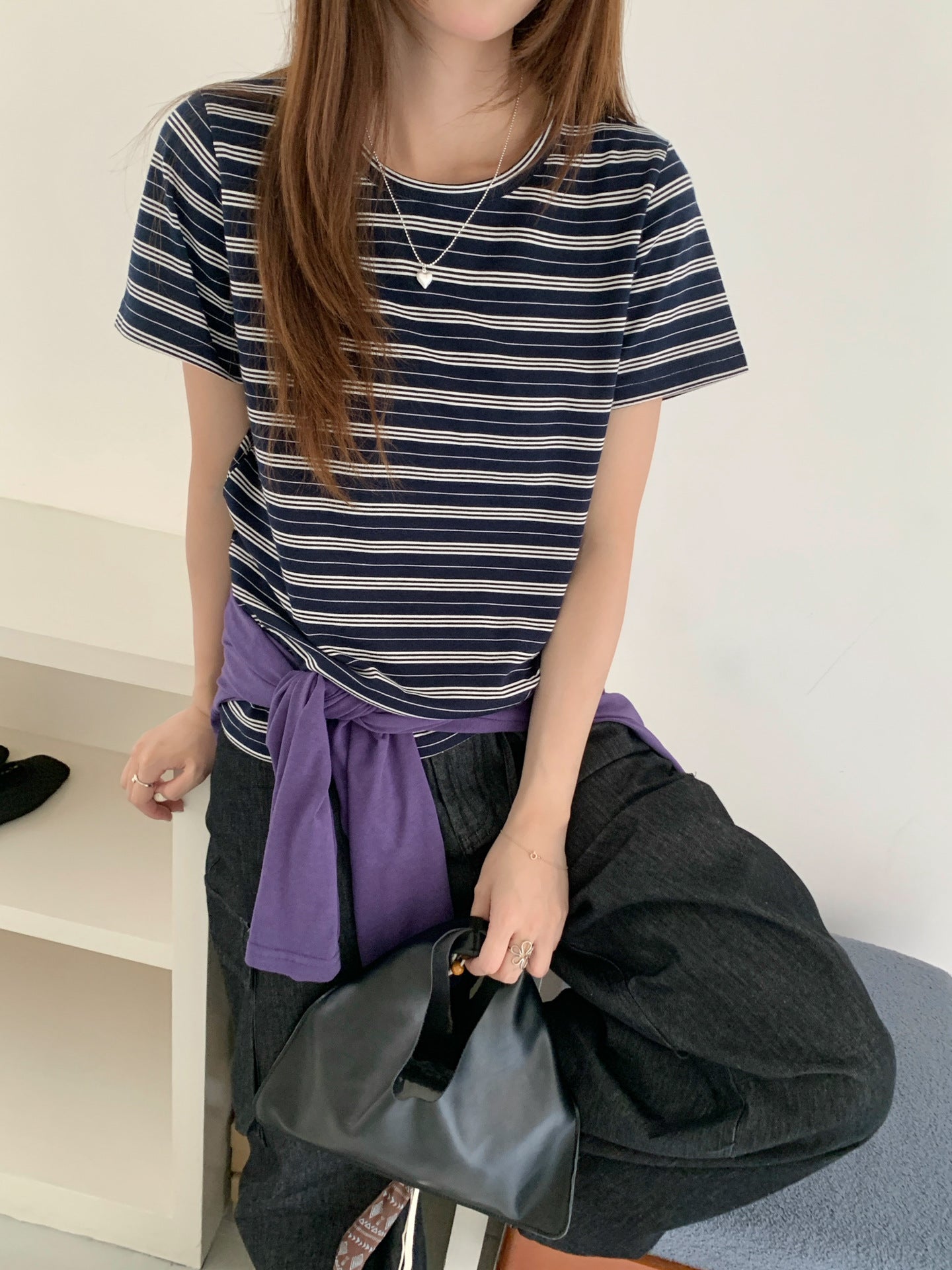 ネイビーボーダー半袖Tシャツ｜ダブルガーゼ・レイヤードスタイル