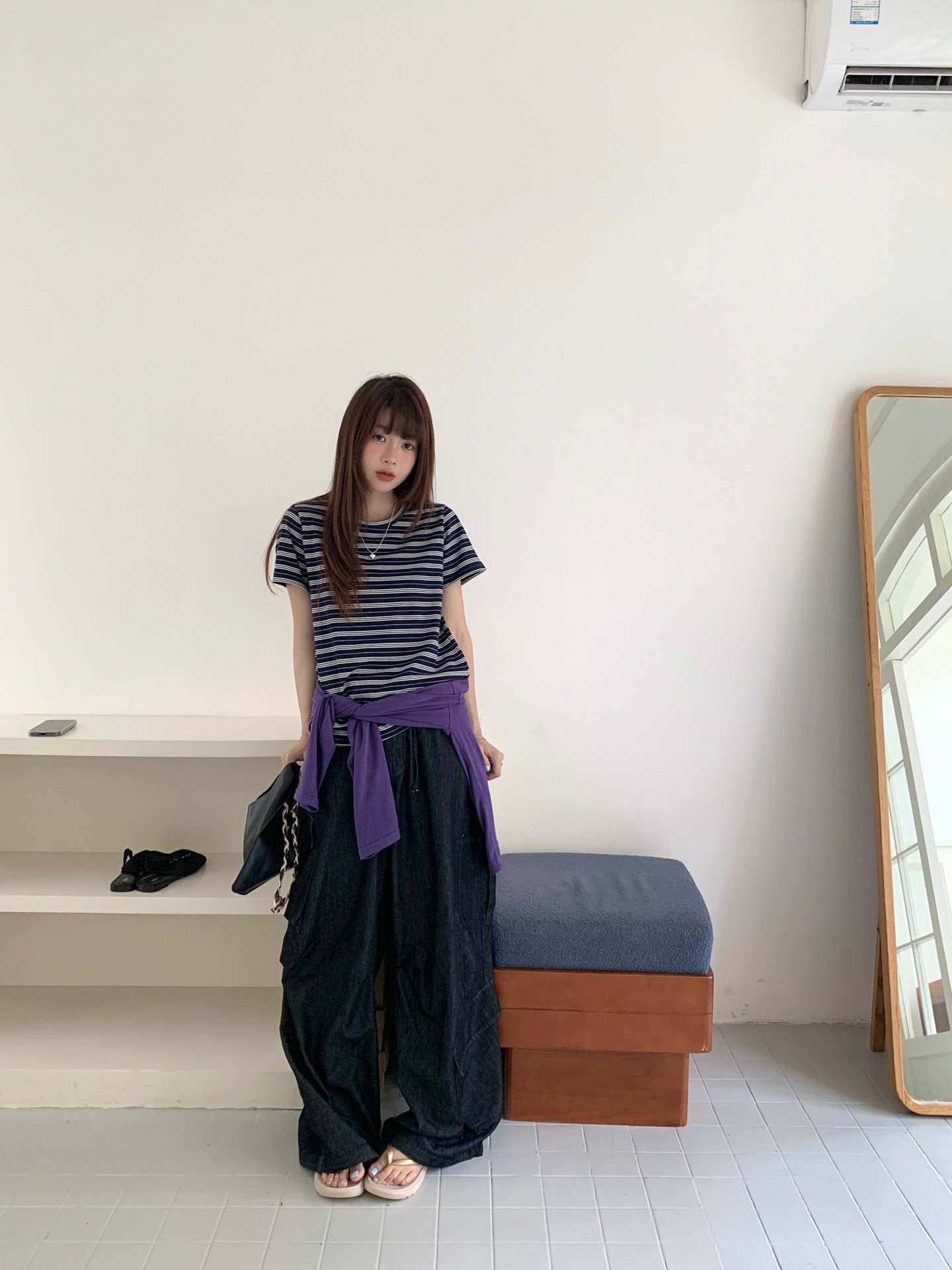 ネイビーボーダー半袖Tシャツ｜ダブルガーゼ・レイヤードスタイル