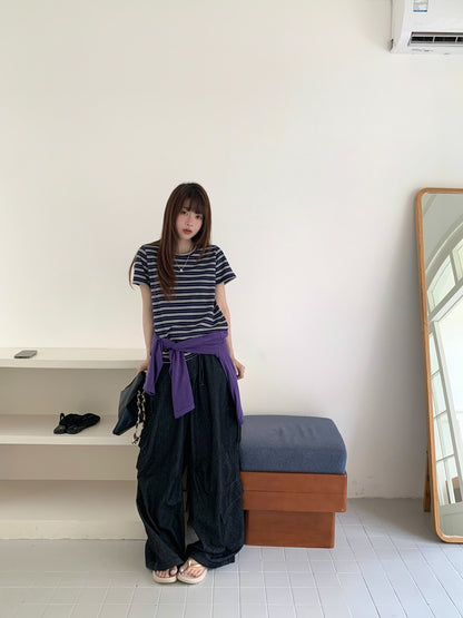 ネイビーボーダー半袖Tシャツ｜ダブルガーゼ・レイヤードスタイル
