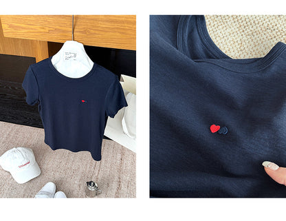 ハート小物刺繍クルーネックTシャツ｜モーダル・コットン