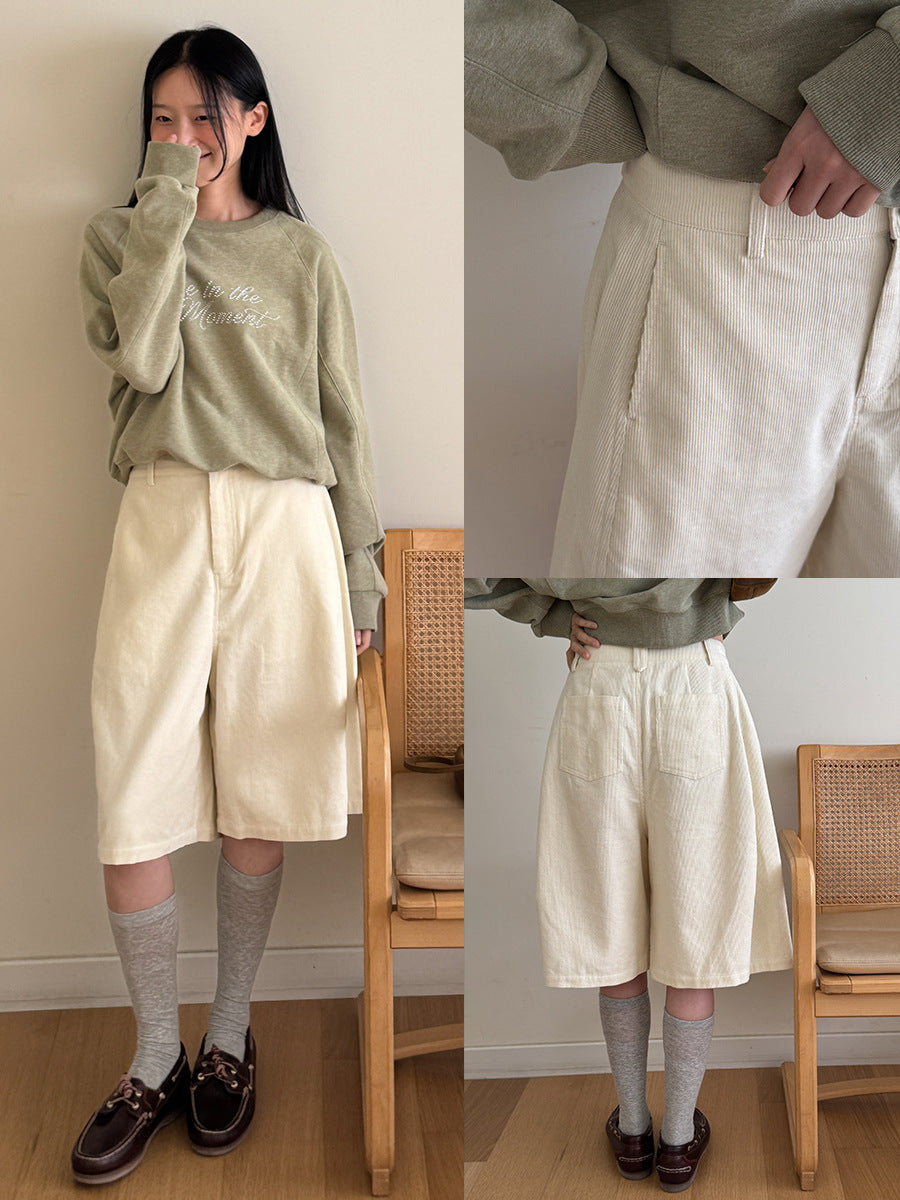コーデュロイハイウエストパンツ｜プリーツ・ベルト付き7分丈