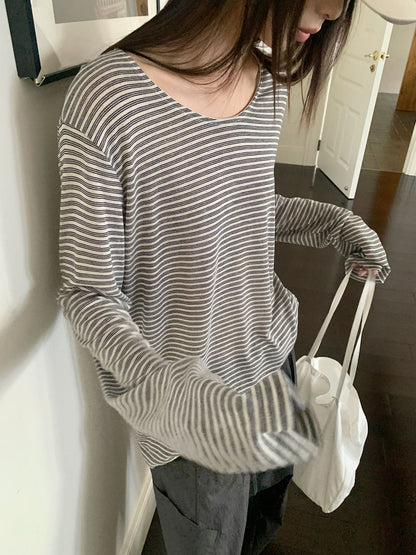 リネン混ボーダー長袖Tシャツ｜ルーズフィット・UVカット