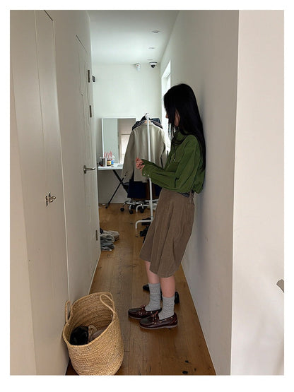 コーデュロイハイウエストパンツ｜プリーツ・ベルト付き7分丈