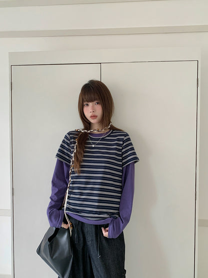 ネイビーボーダー半袖Tシャツ｜ダブルガーゼ・レイヤードスタイル