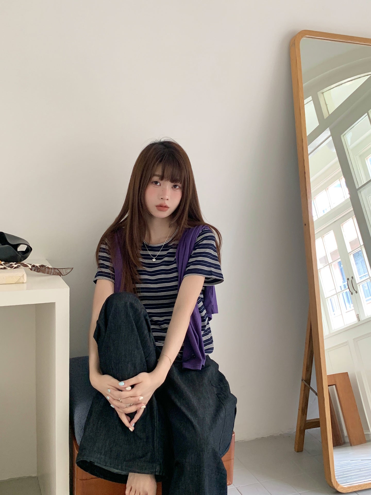 ネイビーボーダー半袖Tシャツ｜ダブルガーゼ・レイヤードスタイル