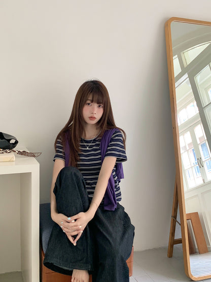 ネイビーボーダー半袖Tシャツ｜ダブルガーゼ・レイヤードスタイル