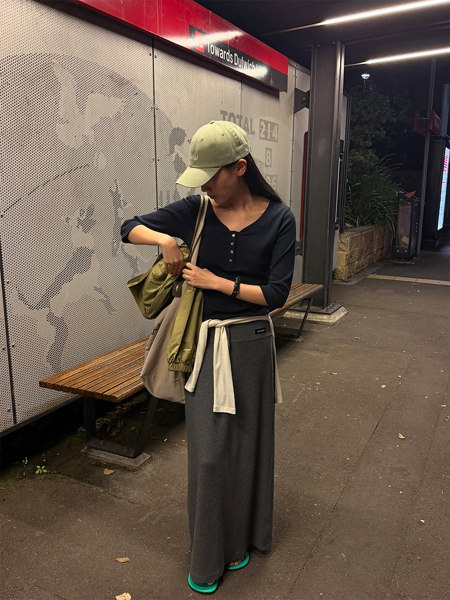 コットン100% ヘンリーネック｜フレンチスリーブ・ウエストシェイプ