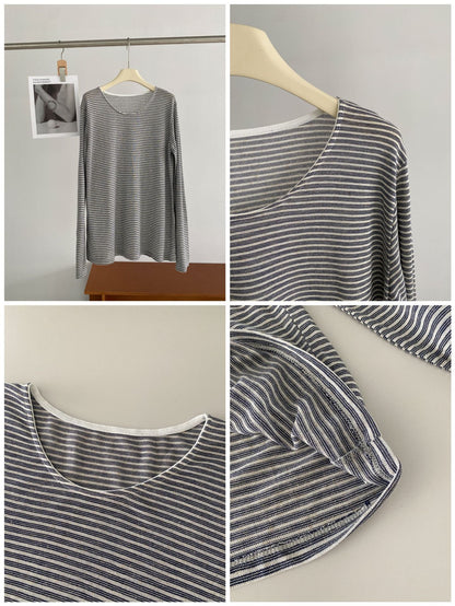 リネン混ボーダー長袖Tシャツ｜ルーズフィット・UVカット