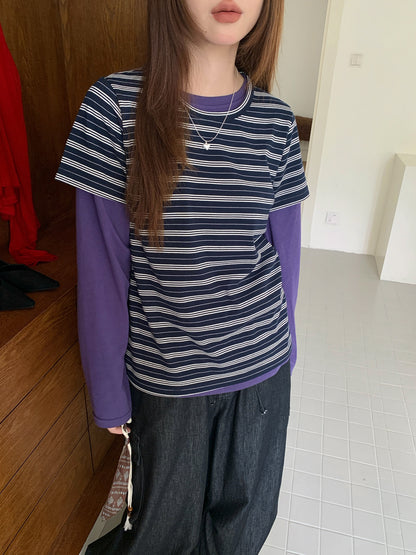 ネイビーボーダー半袖Tシャツ｜ダブルガーゼ・レイヤードスタイル