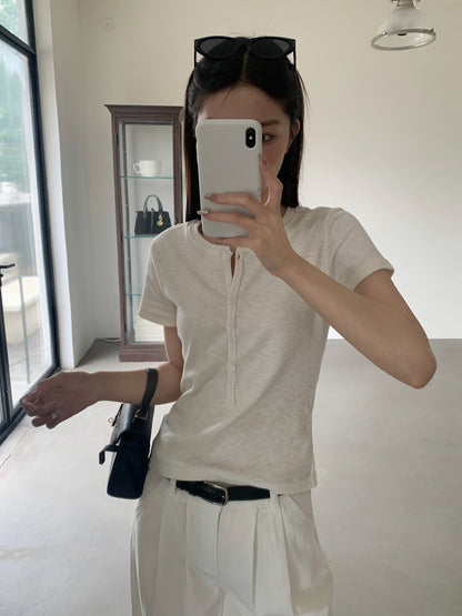 ヘンリーネックTシャツ｜正肩・スリム・軽量コットン