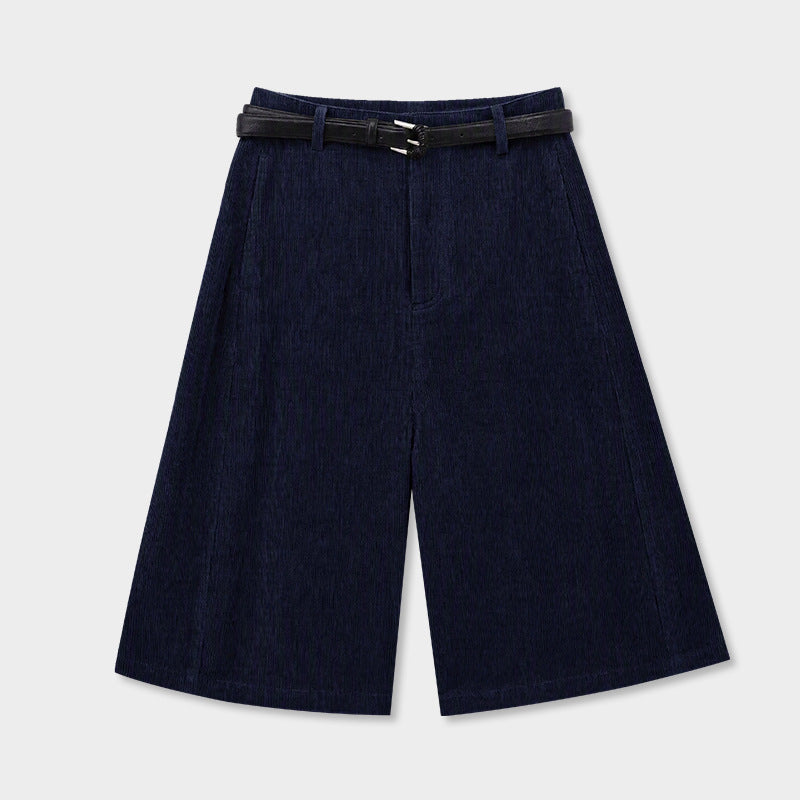 コーデュロイハイウエストパンツ｜プリーツ・ベルト付き7分丈