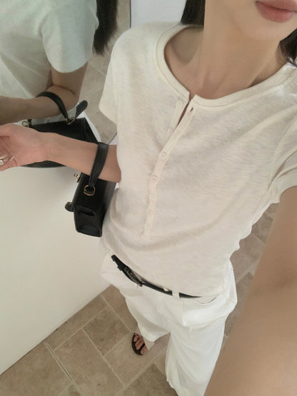 ヘンリーネックTシャツ｜正肩・スリム・軽量コットン