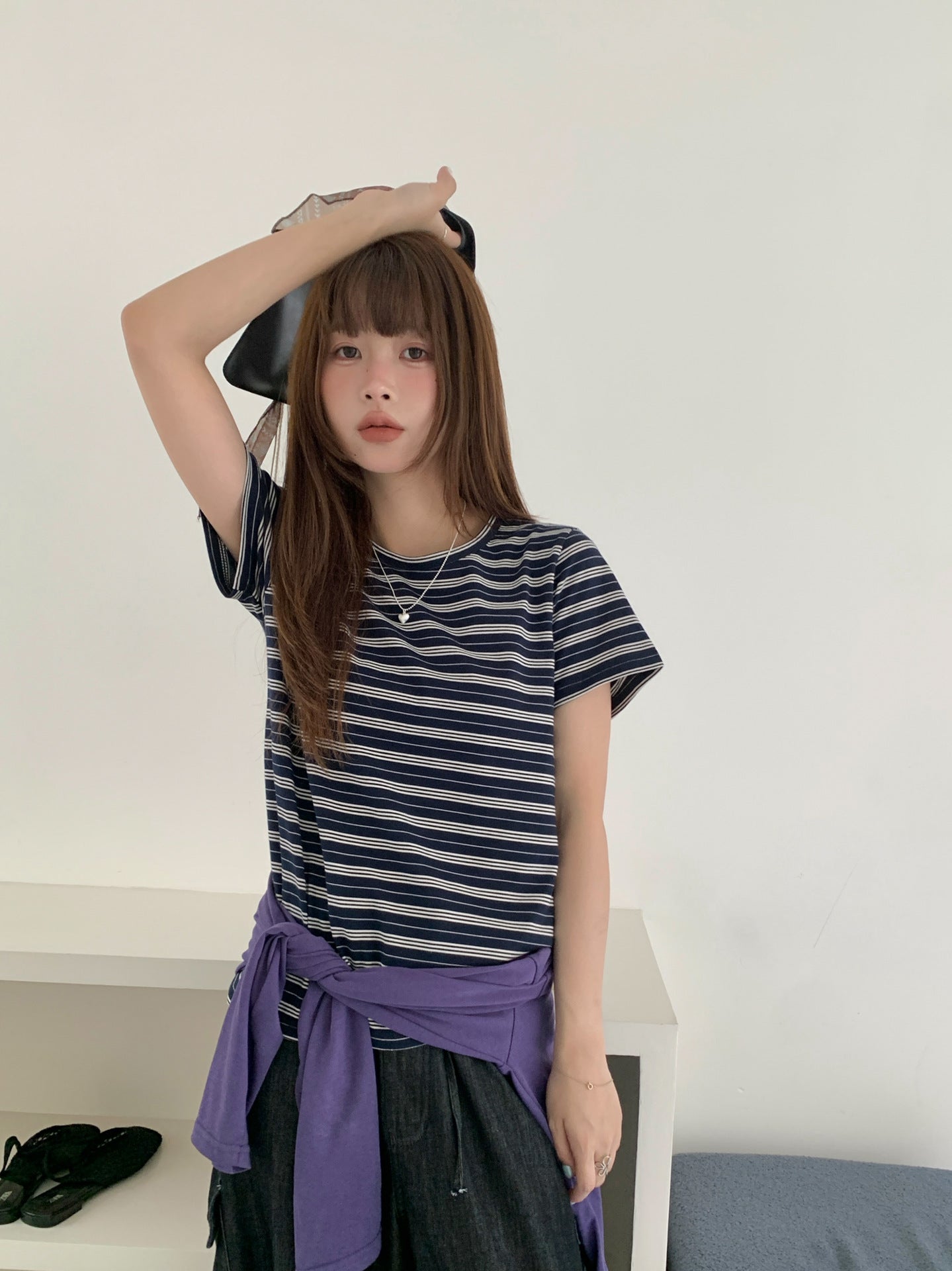 ネイビーボーダー半袖Tシャツ｜ダブルガーゼ・レイヤードスタイル