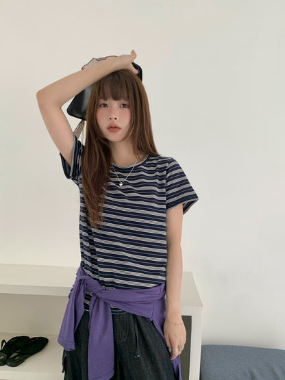ネイビーボーダー半袖Tシャツ｜ダブルガーゼ・レイヤードスタイル