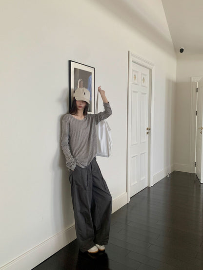 リネン混ボーダー長袖Tシャツ｜ルーズフィット・UVカット