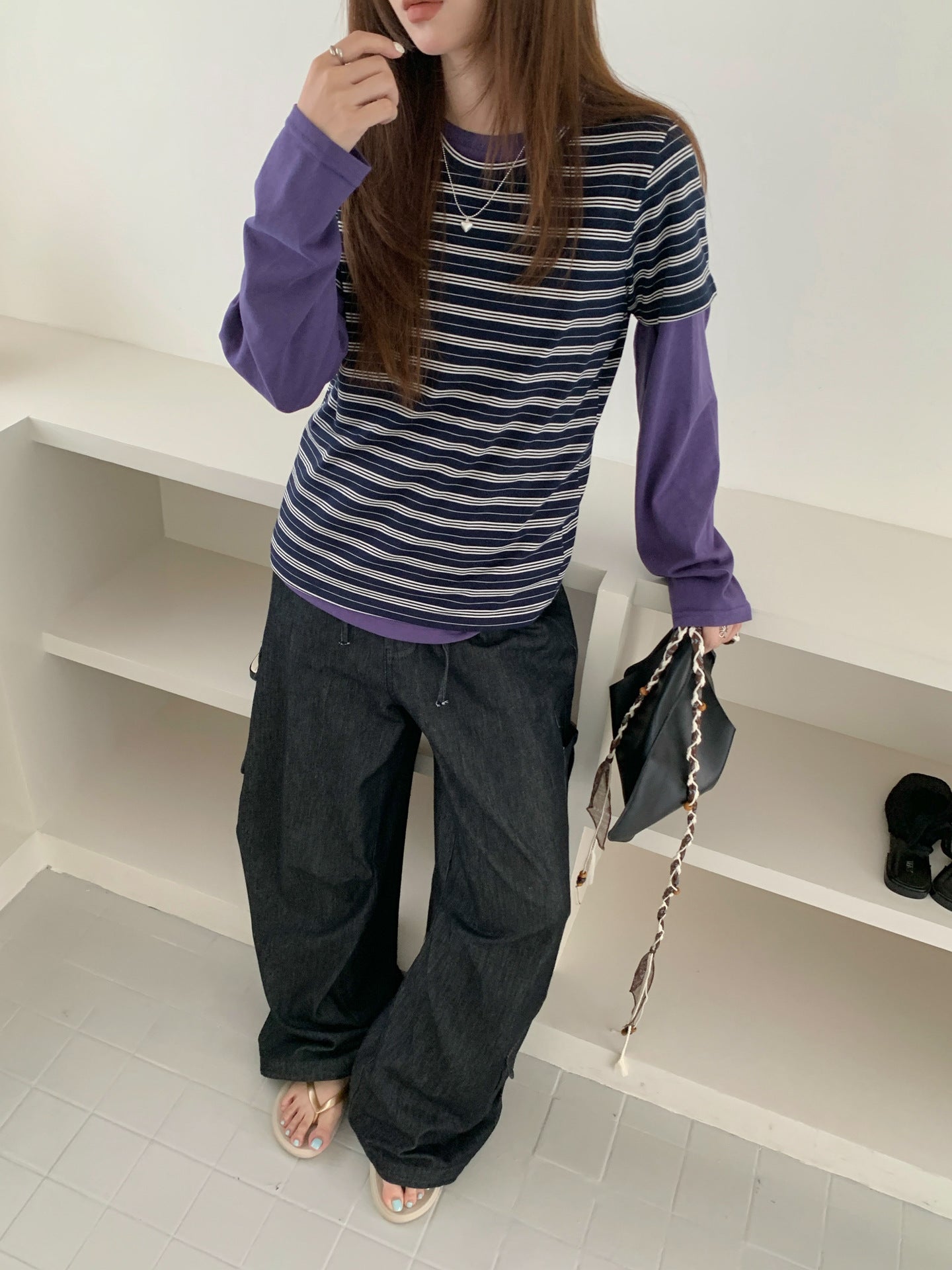 ネイビーボーダー半袖Tシャツ｜ダブルガーゼ・レイヤードスタイル