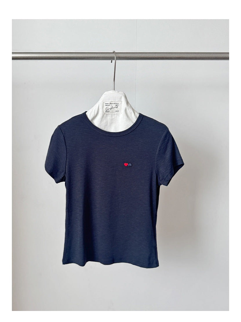ハート小物刺繍クルーネックTシャツ｜モーダル・コットン