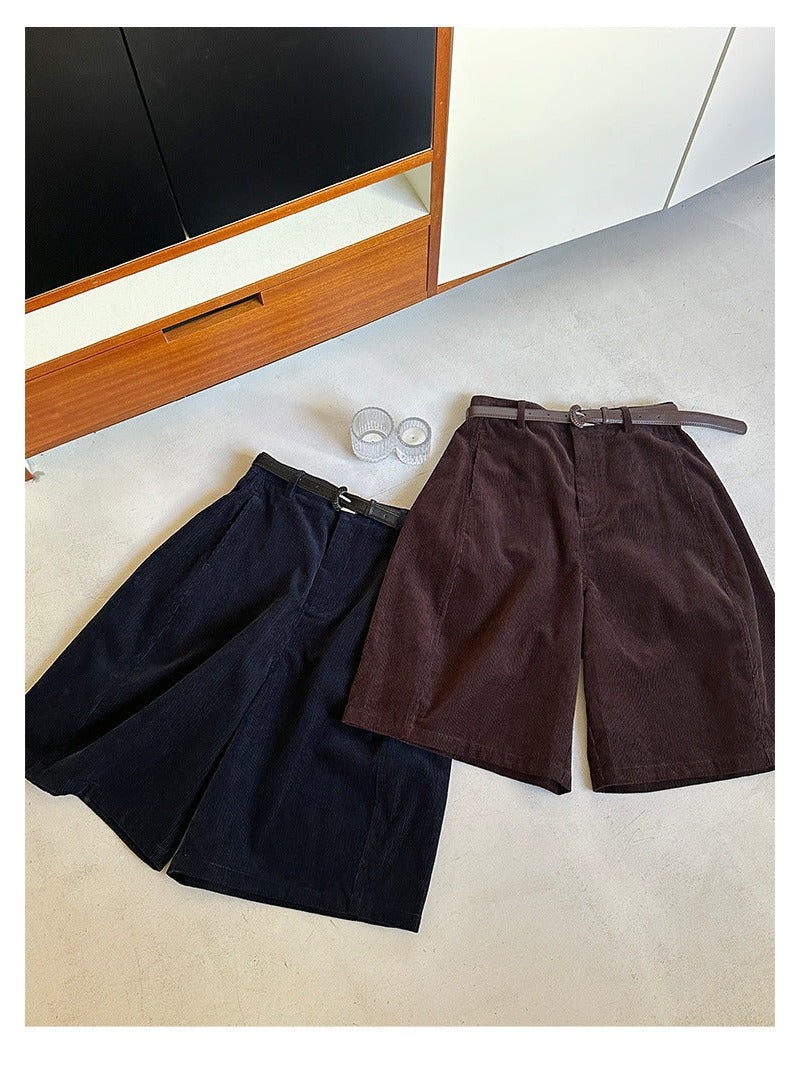 コーデュロイハイウエストパンツ｜プリーツ・ベルト付き7分丈