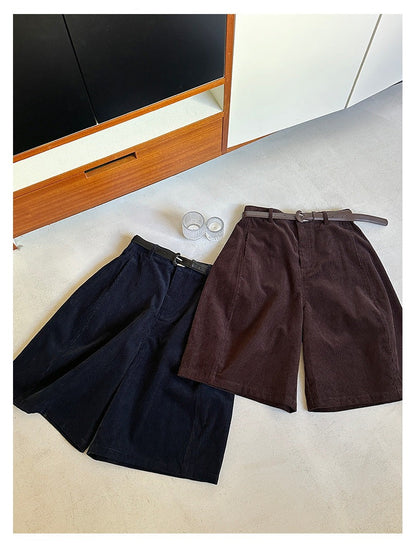 コーデュロイハイウエストパンツ｜プリーツ・ベルト付き7分丈