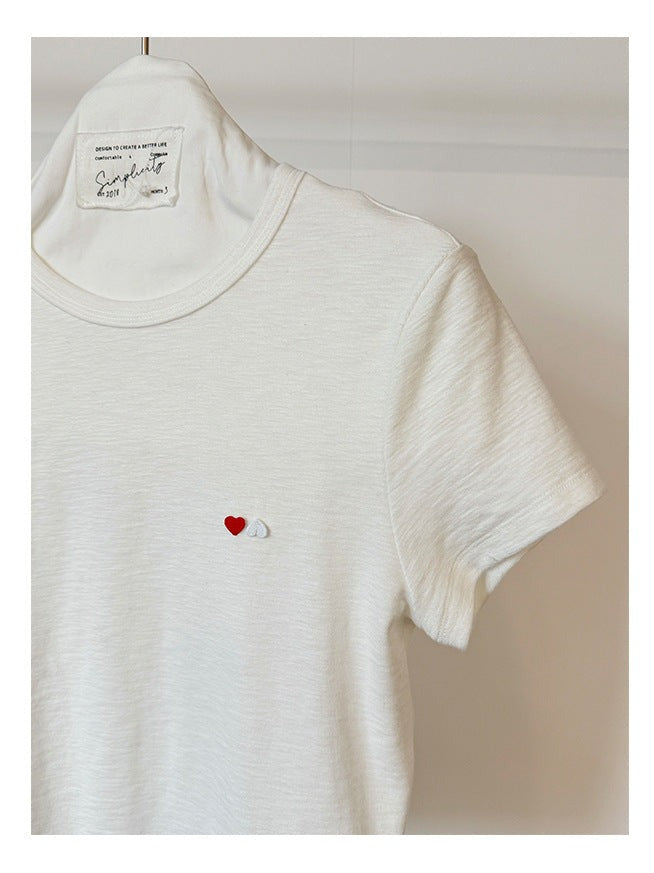 ハート小物刺繍クルーネックTシャツ｜モーダル・コットン