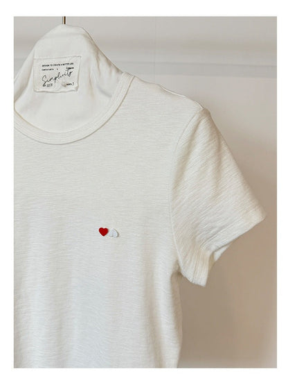 ハート小物刺繍クルーネックTシャツ｜モーダル・コットン